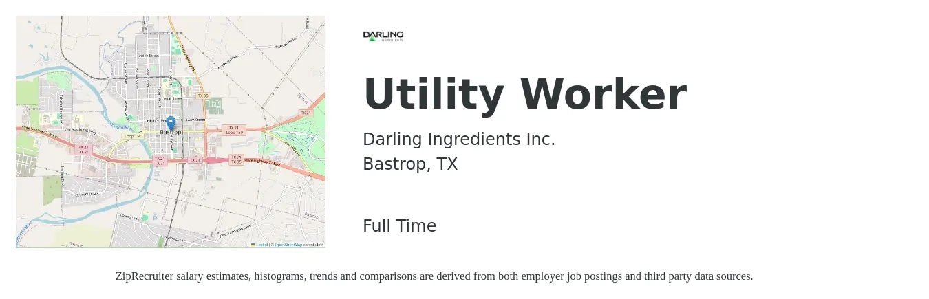 Darling Ingredients Inc. job posting for a Utility Worker in Bastrop, TX with a salary of $16 to $23 Hourly with a map of Bastrop location.