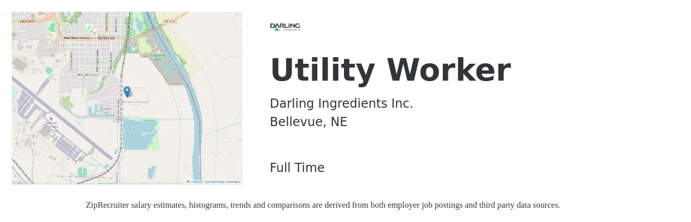 Darling Ingredients Inc. job posting for a Utility Worker in Bellevue, NE with a salary of $25 Hourly with a map of Bellevue location.