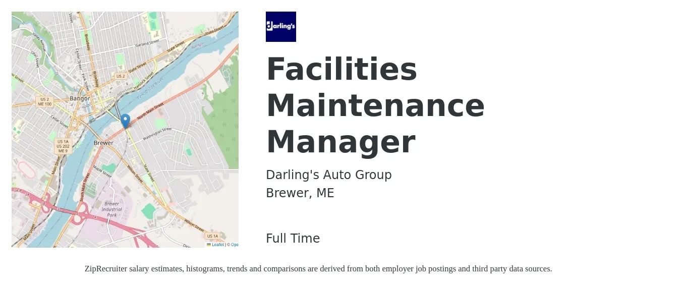 Darling's Auto Group job posting for a Facilities Maintenance Manager in Brewer, ME with a salary of $58,500 to $93,600 Yearly with a map of Brewer location.