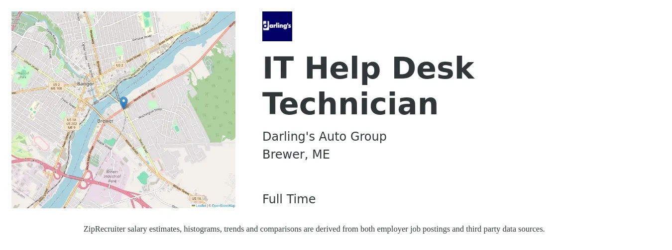 Darling's Auto Group job posting for a IT Help Desk Technician in Brewer, ME with a salary of $20 to $28 Hourly and benefits including dental, life_insurance, medical, retirement, and vision with a map of Brewer location.