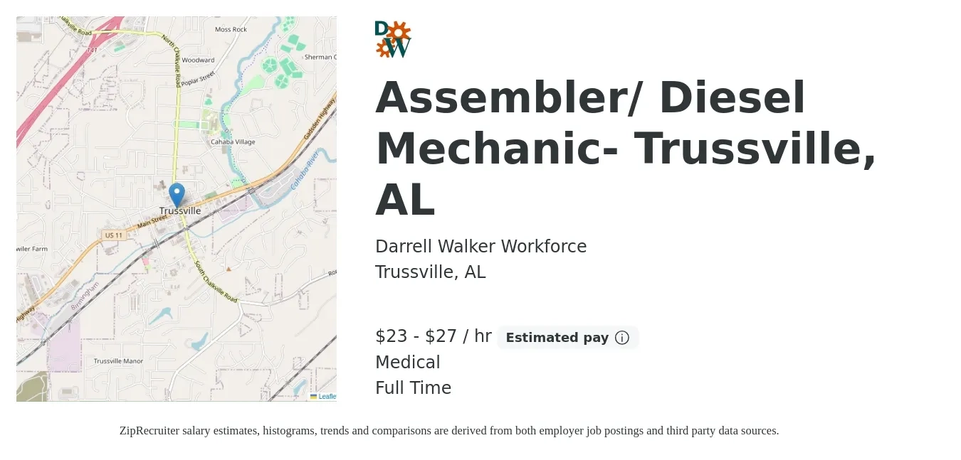 Darrell Walker Workforce job posting for a Assembler/ Diesel Mechanic- Trussville, AL in Trussville, AL with a salary of $24 to $29 Hourly and benefits including medical with a map of Trussville location.