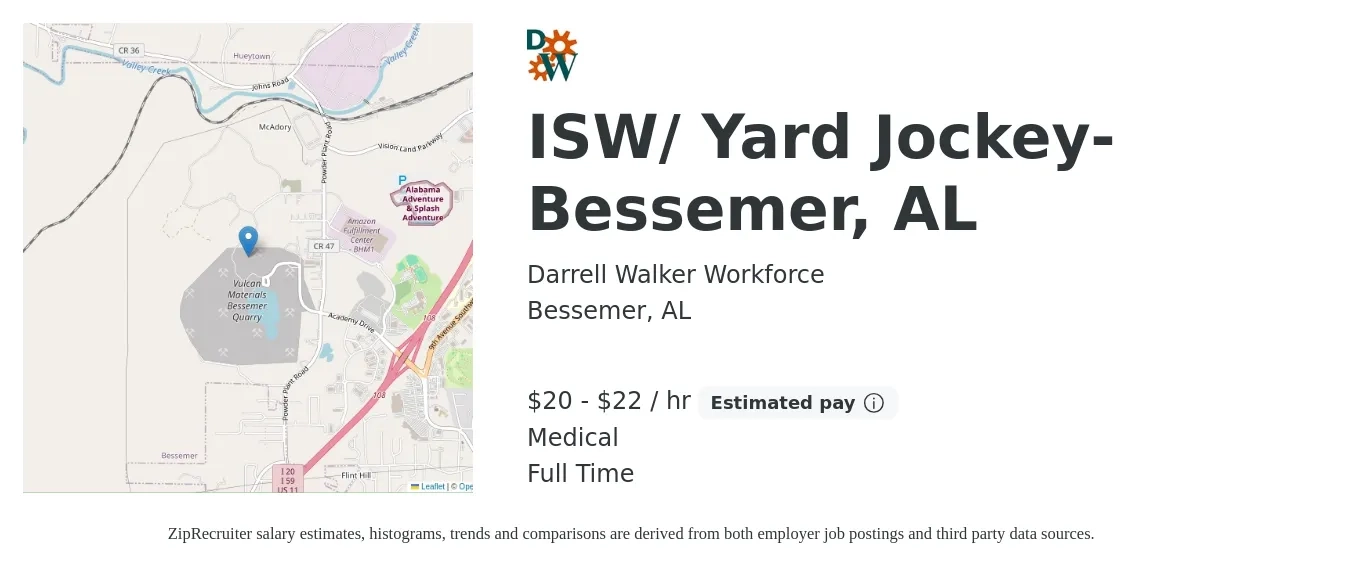 Darrell Walker Workforce job posting for a ISW/ Yard Jockey- Bessemer, AL in Bessemer, AL with a salary of $22 to $23 Hourly and benefits including medical with a map of Bessemer location.