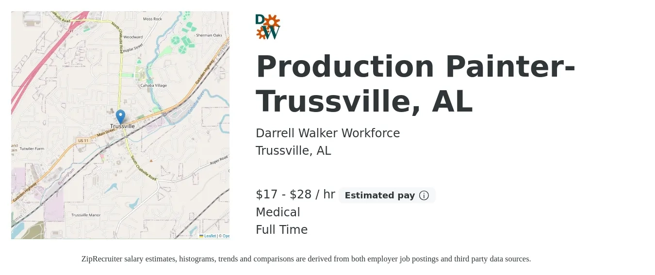 Darrell Walker Workforce job posting for a Production Painter- Trussville, AL in Trussville, AL with a salary of $18 to $30 Hourly and benefits including medical with a map of Trussville location.