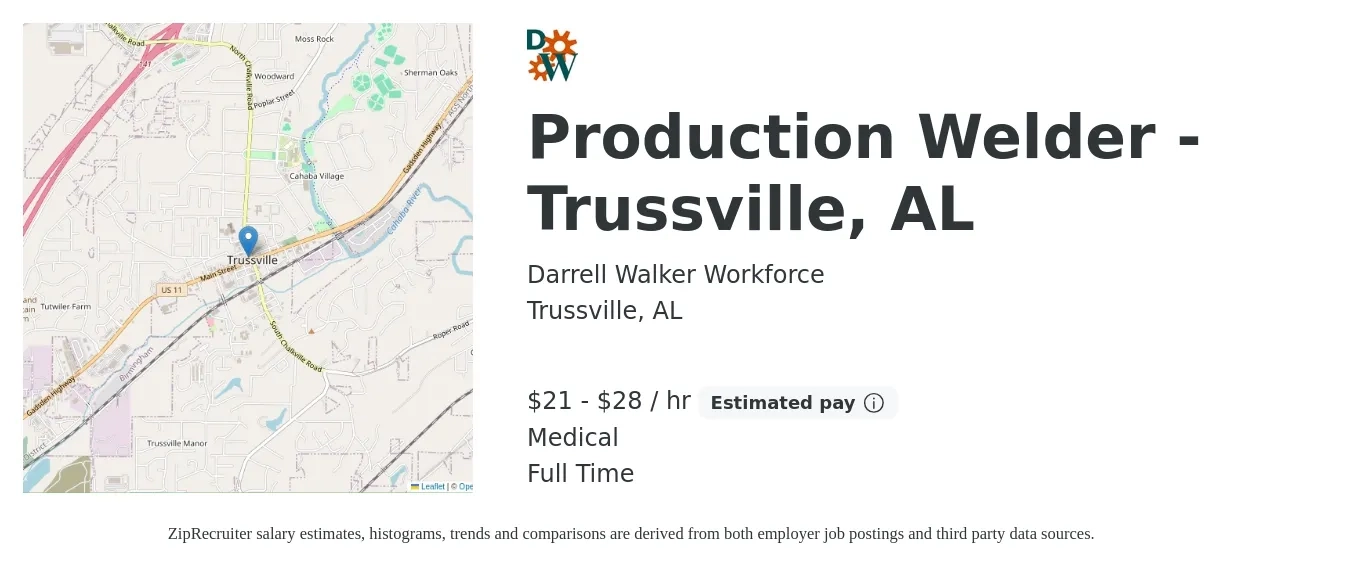 Darrell Walker Workforce job posting for a Production Welder - Trussville, AL in Trussville, AL with a salary of $22 to $30 Hourly and benefits including medical with a map of Trussville location.