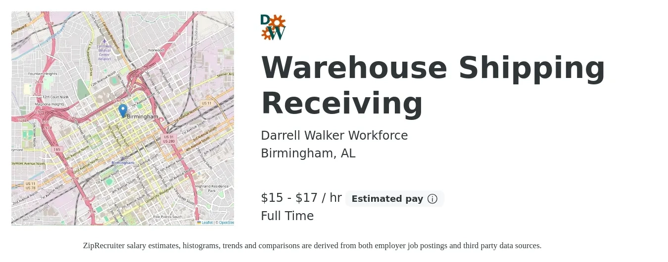 Darrell Walker Workforce job posting for a Warehouse Shipping Receiving in Birmingham, AL with a salary of $16 to $18 Hourly with a map of Birmingham location.