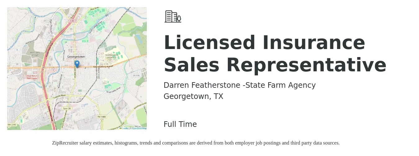 Darren Featherstone -State Farm Agency job posting for a Licensed Insurance Sales Representative in Georgetown, TX with a salary of $41,800 to $103,600 Yearly with a map of Georgetown location.