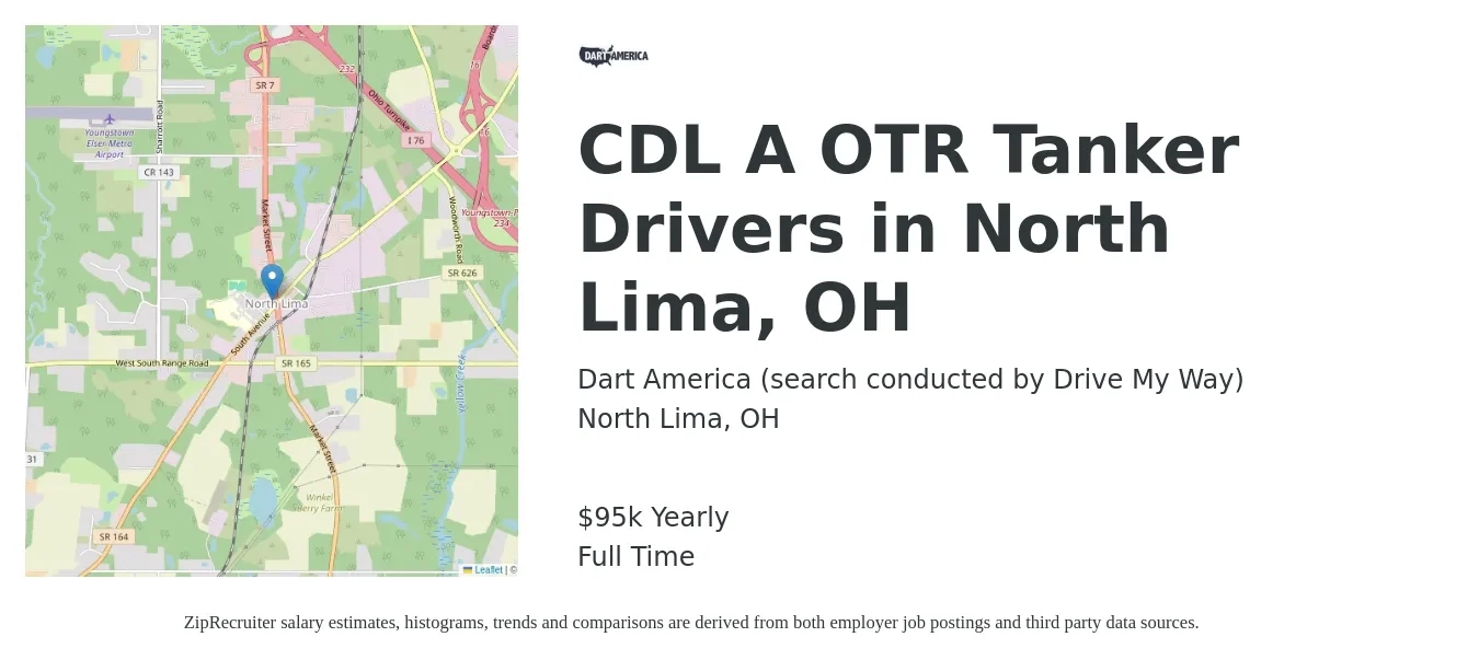 Dart America (search conducted by Drive My Way) job posting for a CDL A OTR Tanker Drivers in North Lima, OH in North Lima, OH with a salary of $95,000 Yearly with a map of North Lima location.
