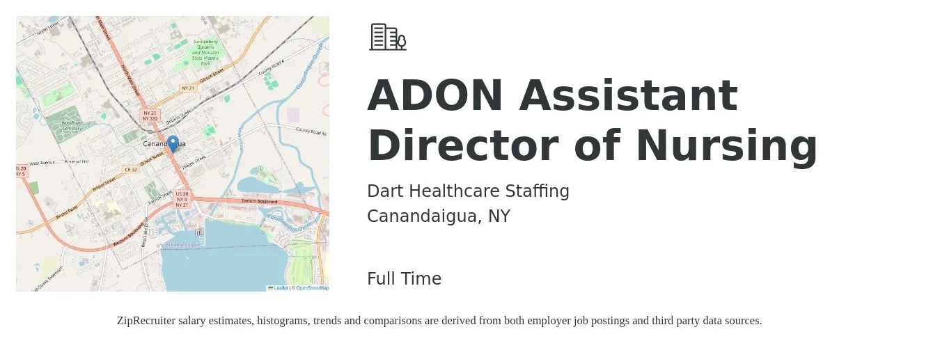 Dart Healthcare Staffing job posting for a ADON Assistant Director of Nursing in Canandaigua, NY with a salary of $100,000 Yearly with a map of Canandaigua location.