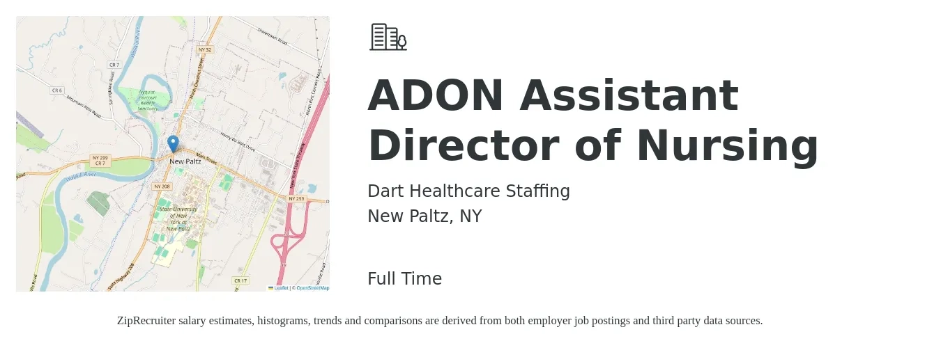 Dart Healthcare Staffing job posting for a ADON Assistant Director of Nursing in New Paltz, NY with a salary of $90,000 to $110,000 Yearly with a map of New Paltz location.