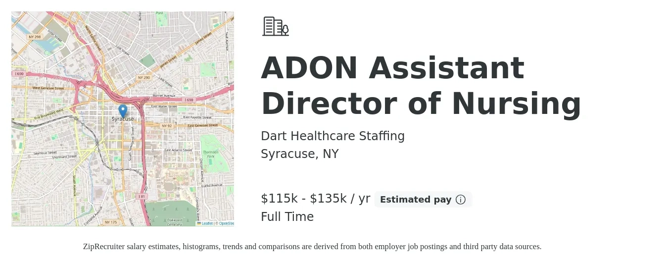 Dart Healthcare Staffing job posting for a ADON Assistant Director of Nursing in Syracuse, NY with a salary of $115,000 to $135,000 Yearly with a map of Syracuse location.