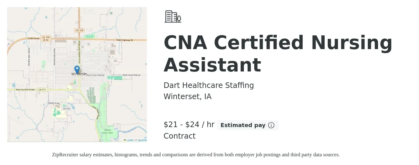 Dart Healthcare Staffing job posting for a CNA Certified Nursing Assistant in Winterset, IA with a salary of $22 to $25 Hourly with a map of Winterset location.