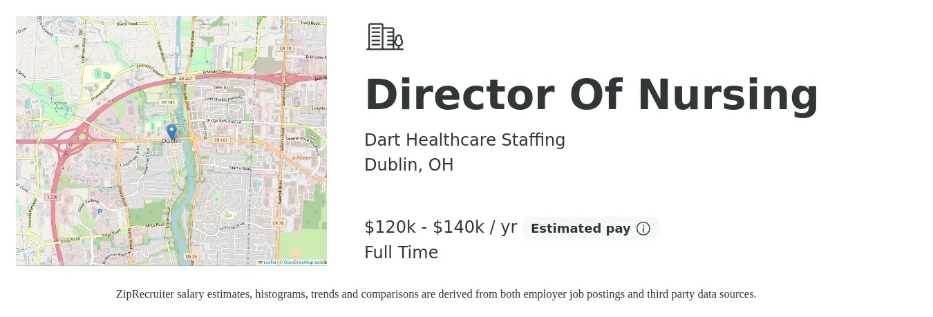 Dart Healthcare Staffing job posting for a Director Of Nursing in Dublin, OH with a salary of $120,000 to $140,000 Yearly with a map of Dublin location.