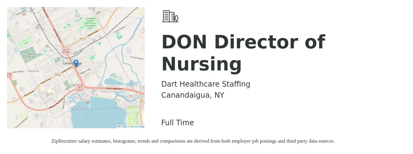 Dart Healthcare Staffing job posting for a DON Director of Nursing in Canandaigua, NY with a salary of $105,000 to $125,000 Yearly with a map of Canandaigua location.