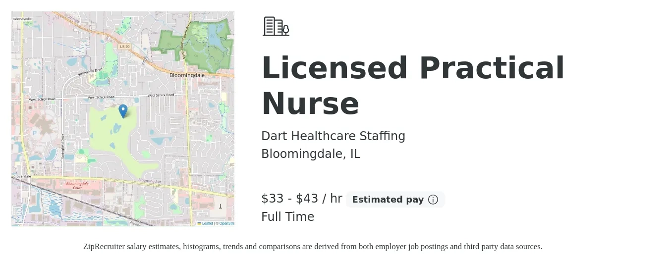 Dart Healthcare Staffing job posting for a Licensed Practical Nurse in Bloomingdale, IL with a salary of $35 to $45 Hourly with a map of Bloomingdale location.