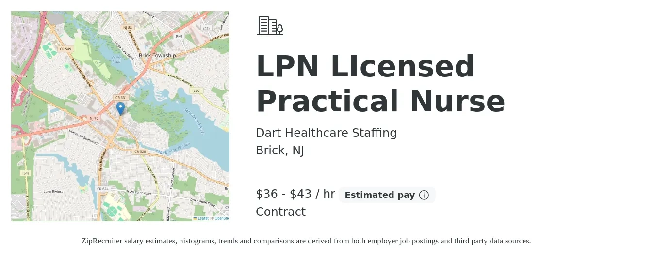 Dart Healthcare Staffing job posting for a LPN LIcensed Practical Nurse in Brick, NJ with a salary of $38 to $45 Hourly with a map of Brick location.