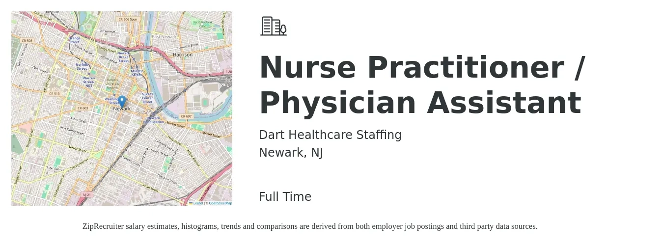 Dart Healthcare Staffing job posting for a Nurse Practitioner / Physician Assistant in Newark, NJ with a salary of $125,000 to $145,000 Yearly with a map of Newark location.