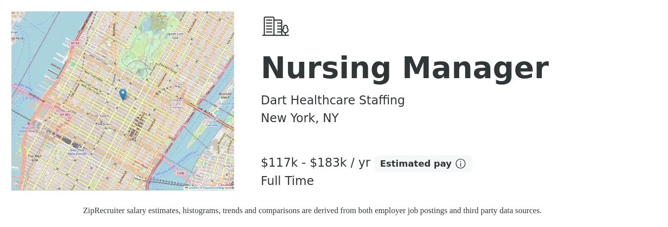 Dart Healthcare Staffing job posting for a Nursing Manager in New York, NY with a salary of $117,000 to $183,000 Yearly with a map of New York location.