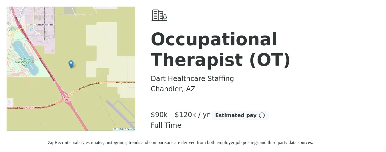 Dart Healthcare Staffing job posting for a Occupational Therapist (OT) in Chandler, AZ with a salary of $90,000 to $120,000 Yearly with a map of Chandler location.