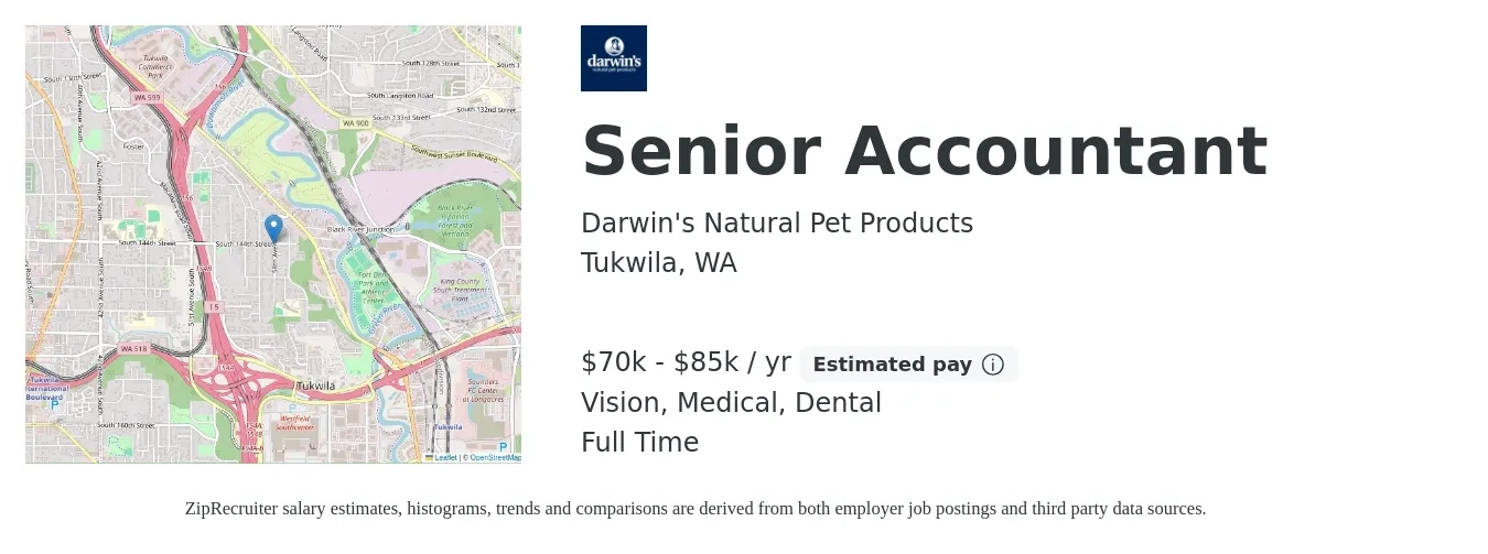 Darwin's Natural Pet Products job posting for a Senior Accountant in Tukwila, WA with a salary of $70,000 to $85,000 Yearly and benefits including dental, life_insurance, medical, pto, retirement, and vision with a map of Tukwila location.