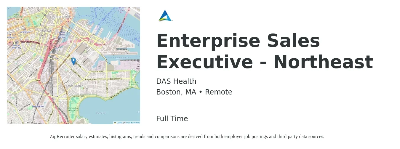 DAS Health job posting for a Enterprise Sales Executive - Northeast in Boston, MA with a salary of $107,600 to $186,300 Yearly with a map of Boston location.
