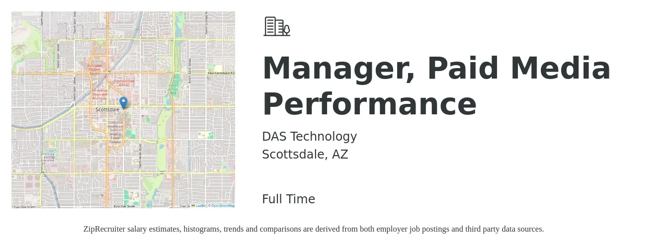 DAS Technology job posting for a Manager, Paid Media Performance in Scottsdale, AZ with a salary of $123,900 to $129,000 Yearly with a map of Scottsdale location.