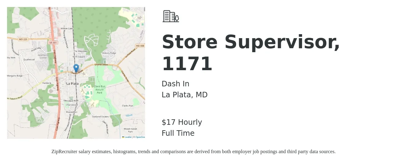 Dash In job posting for a Store Supervisor, 1171 in La Plata, MD with a salary of $18 Hourly with a map of La Plata location.