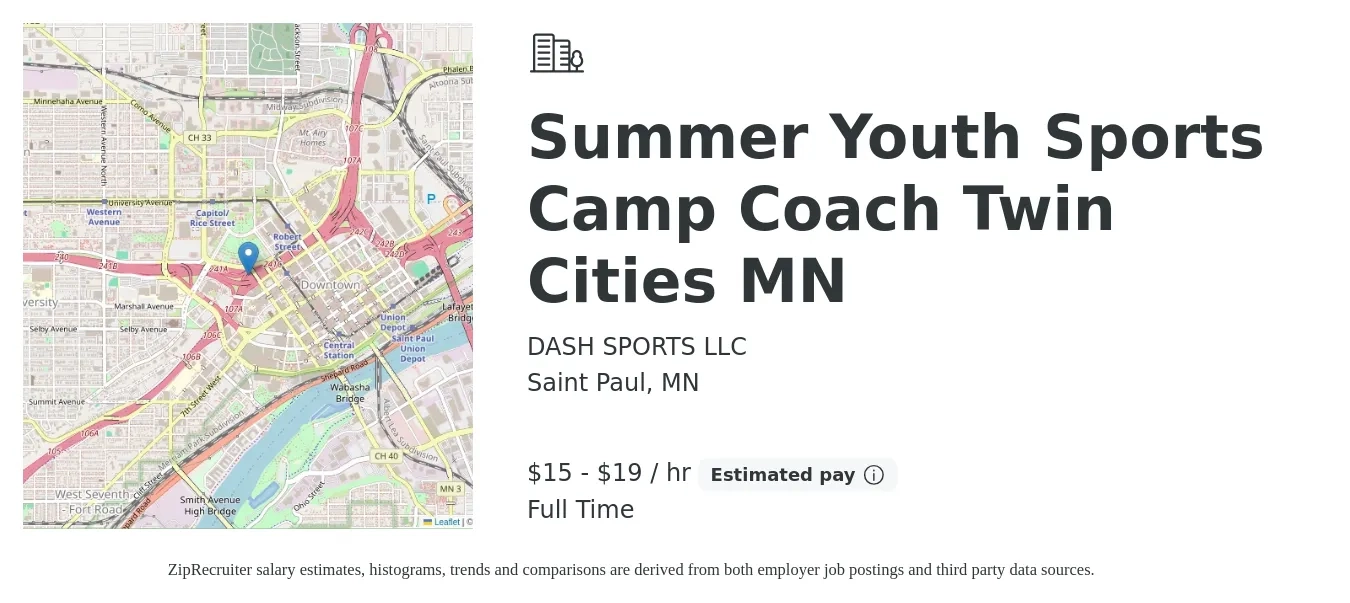 DASH SPORTS LLC job posting for a Summer Youth Sports Camp Coach Twin Cities MN in Saint Paul, MN with a salary of $16 to $20 Hourly with a map of Saint Paul location.