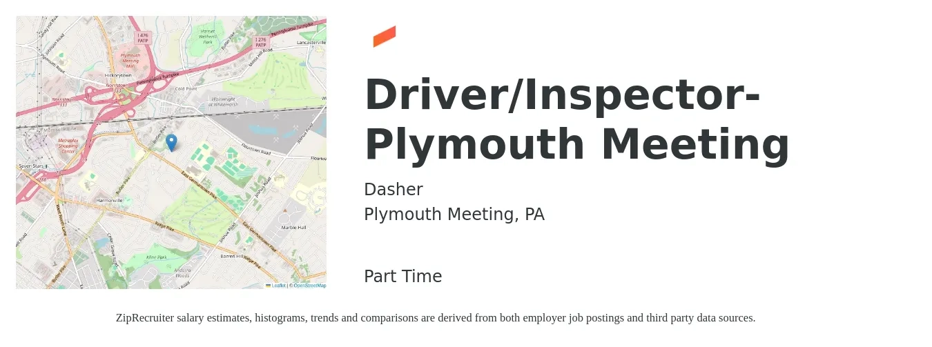 Dasher job posting for a Driver/Inspector- Plymouth Meeting in Plymouth Meeting, PA with a salary of $16 Hourly with a map of Plymouth Meeting location.