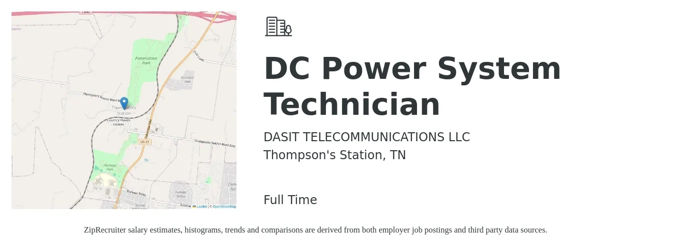 DASIT TELECOMMUNICATIONS LLC job posting for a DC Power System Technician in Thompson's Station, TN with a salary of $150 Daily with a map of Thompson's Station location.