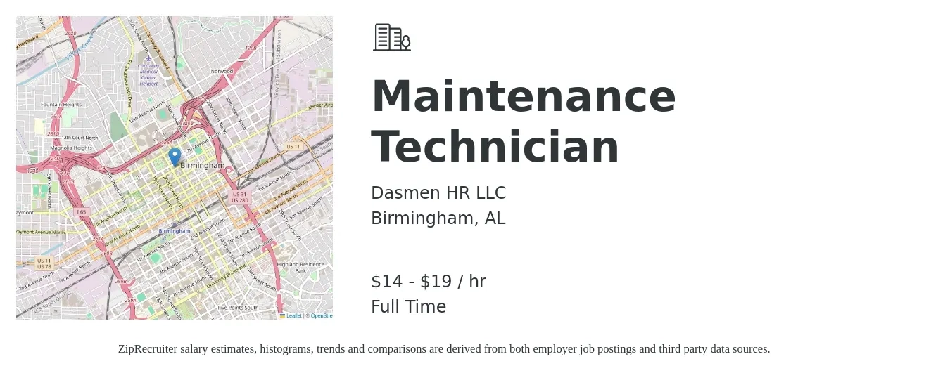 Dasmen HR LLC job posting for a Maintenance Technician in Birmingham, AL with a salary of $15 to $20 Hourly with a map of Birmingham location.