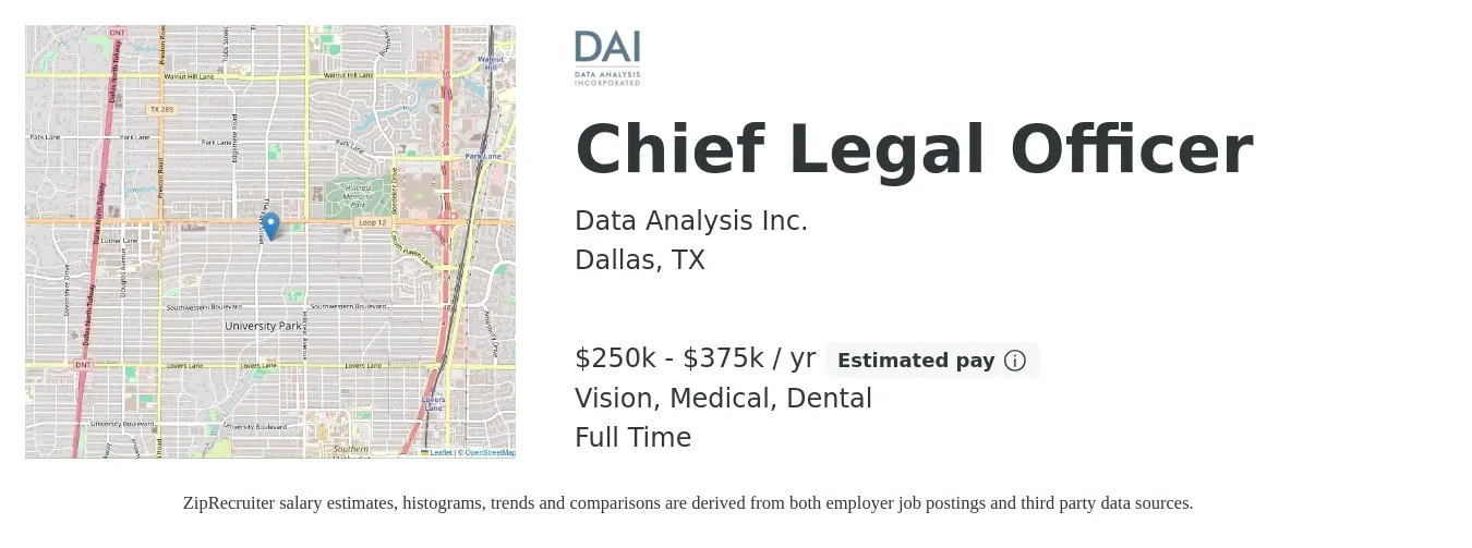 Data Analysis Inc. job posting for a Chief Legal Officer in Dallas, TX with a salary of $250,000 to $375,000 Yearly and benefits including vision, dental, life_insurance, medical, and retirement with a map of Dallas location.