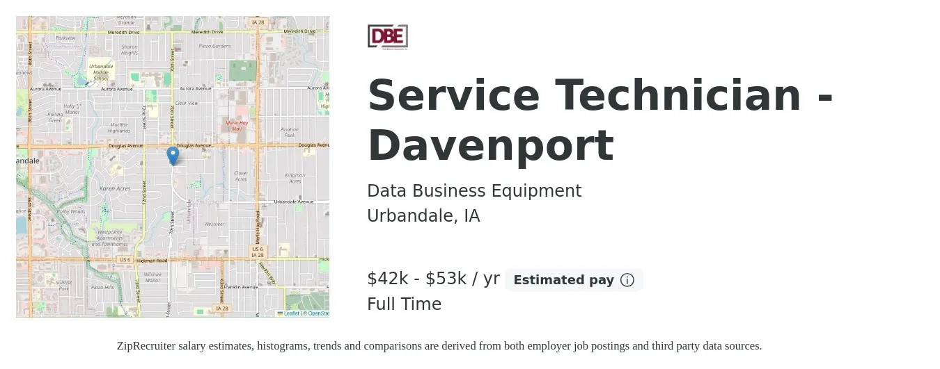 Data Business Equipment job posting for a Service Technician - Davenport in Urbandale, IA with a salary of $42,000 to $53,000 Yearly with a map of Urbandale location.