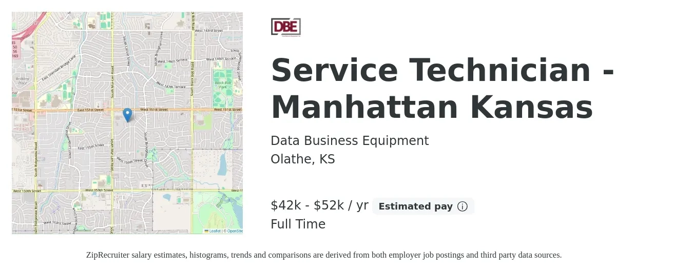 Data Business Equipment job posting for a Service Technician - Manhattan Kansas in Olathe, KS with a salary of $42,000 to $52,000 Yearly with a map of Olathe location.