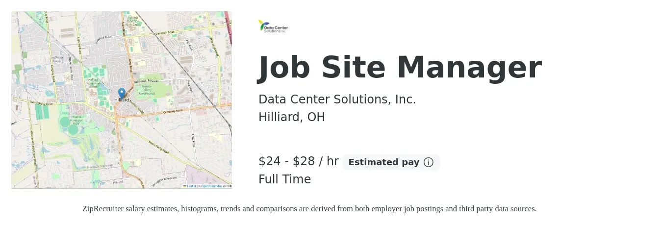 Data Center Solutions, Inc. job posting for a Job Site Manager in Hilliard, OH with a salary of $25 to $30 Hourly with a map of Hilliard location.