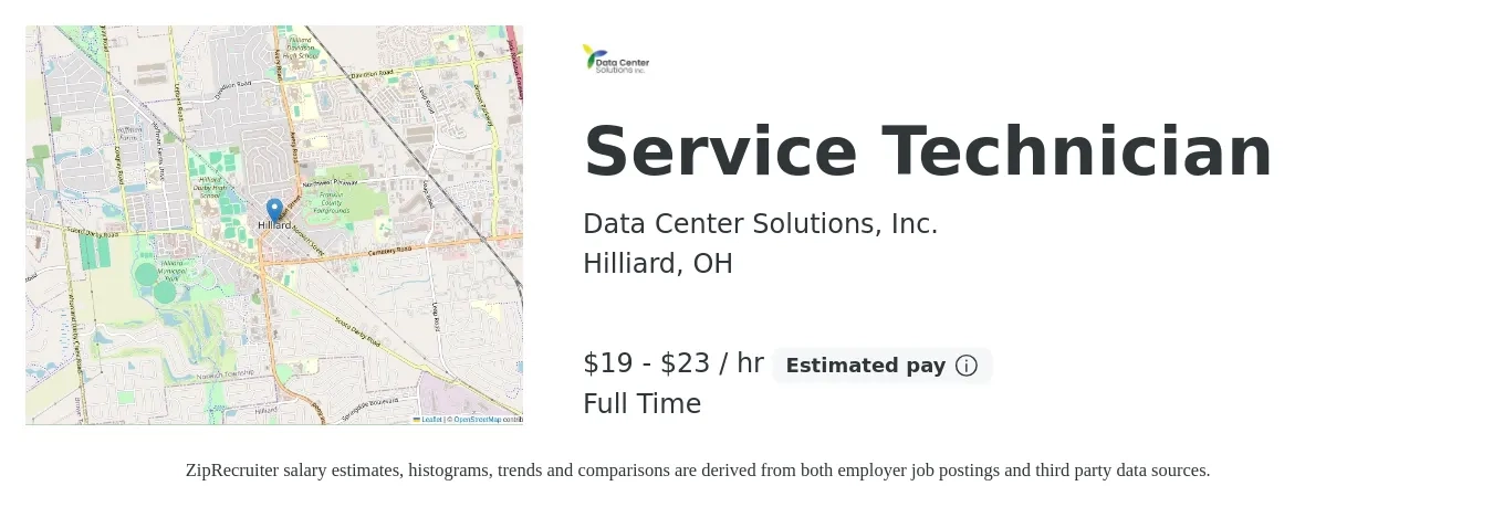 Data Center Solutions, Inc. job posting for a Service Technician in Hilliard, OH with a salary of $20 to $24 Hourly with a map of Hilliard location.