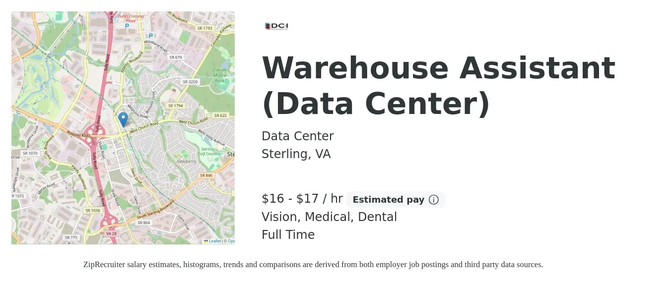 Data Center job posting for a Warehouse Assistant (Data Center) in Sterling, VA with a salary of $17 to $18 Hourly and benefits including dental, life_insurance, medical, pto, retirement, and vision with a map of Sterling location.