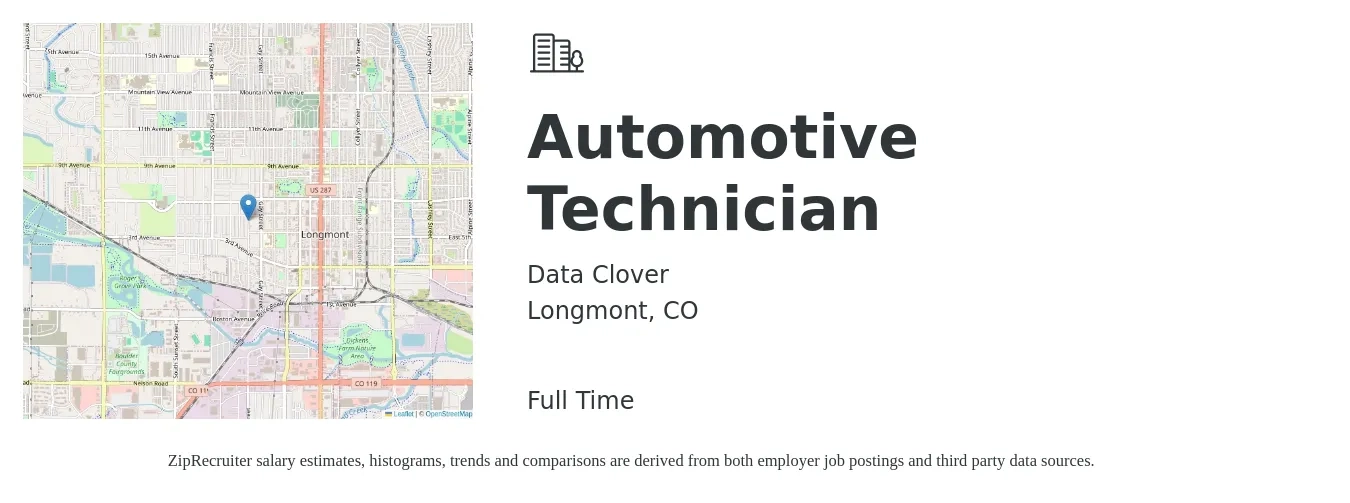 Data Clover job posting for a Automotive Technician in Longmont, CO with a salary of $22 to $34 Hourly with a map of Longmont location.