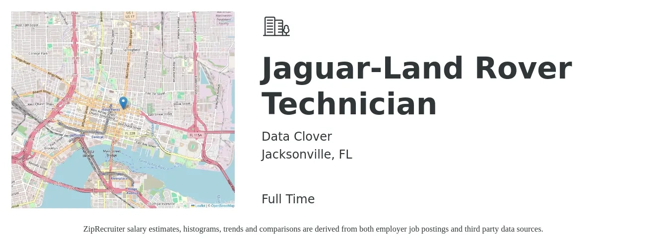 Data Clover job posting for a Jaguar-Land Rover Technician in Jacksonville, FL with a salary of $30 to $40 Hourly with a map of Jacksonville location.