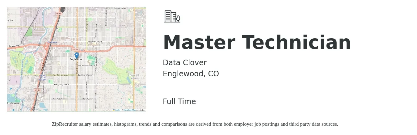 Data Clover job posting for a Master Technician in Englewood, CO with a salary of $31 to $44 Hourly with a map of Englewood location.
