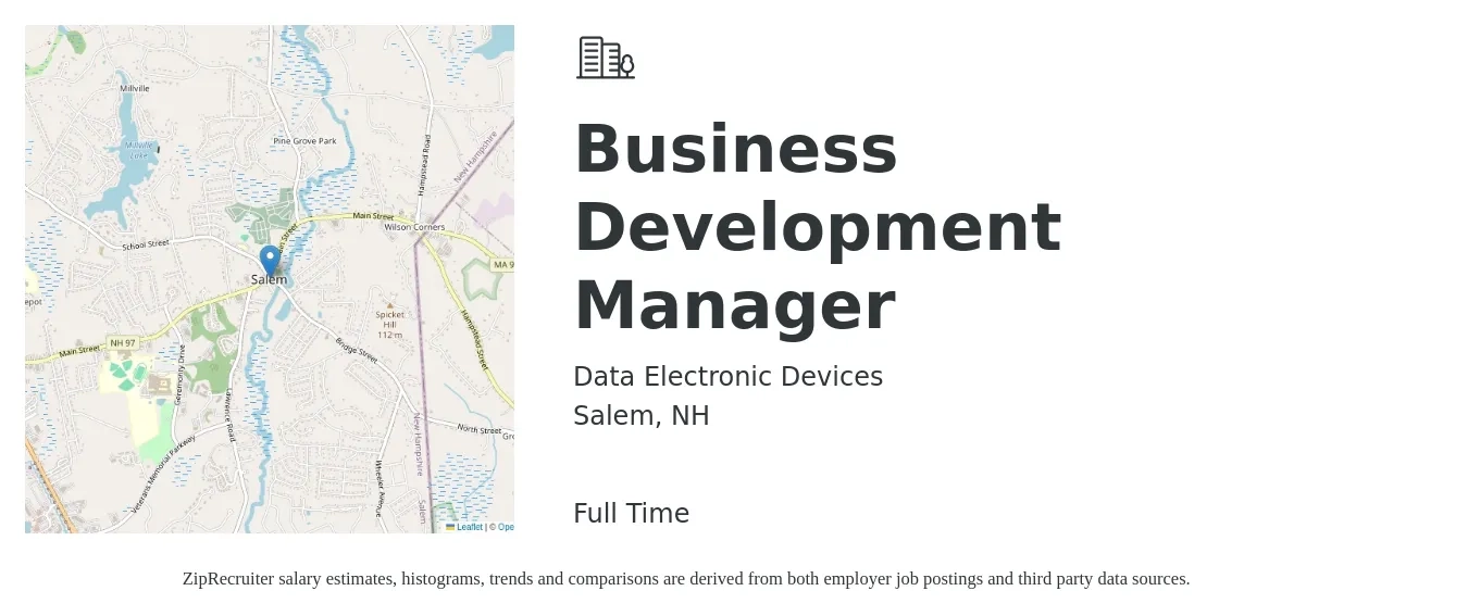 Data Electronic Devices job posting for a Business Development Manager in Salem, NH with a salary of $60,900 to $99,800 Yearly with a map of Salem location.