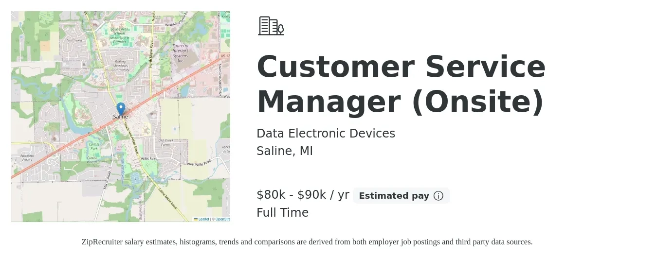 Data Electronic Devices job posting for a Customer Service Manager (Onsite) in Saline, MI with a salary of $80,000 to $90,000 Yearly with a map of Saline location.