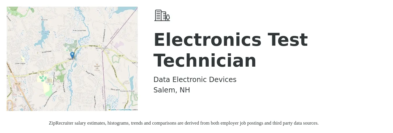 Data Electronic Devices job posting for a Electronics Test Technician in Salem, NH with a salary of $22 to $30 Hourly with a map of Salem location.