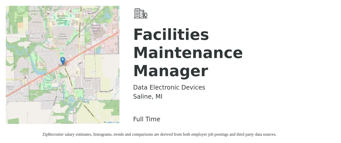 Data Electronic Devices job posting for a Facilities Maintenance Manager in Saline, MI with a salary of $51,800 to $82,900 Yearly with a map of Saline location.