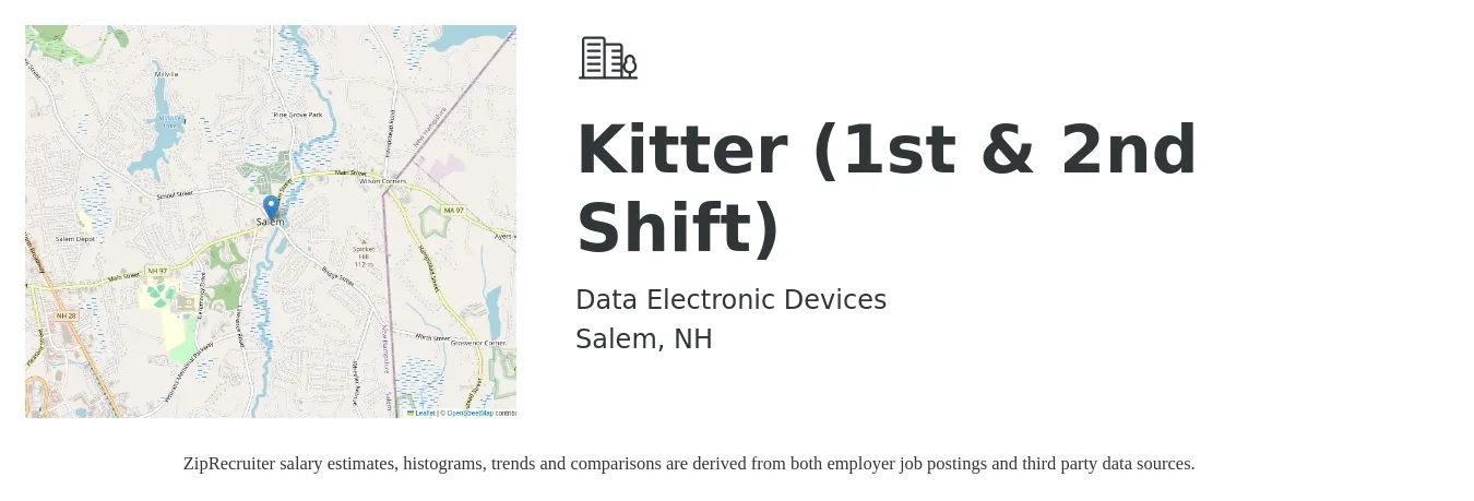 Data Electronic Devices job posting for a Kitter (1st & 2nd Shift) in Salem, NH with a salary of $16 to $19 Hourly with a map of Salem location.