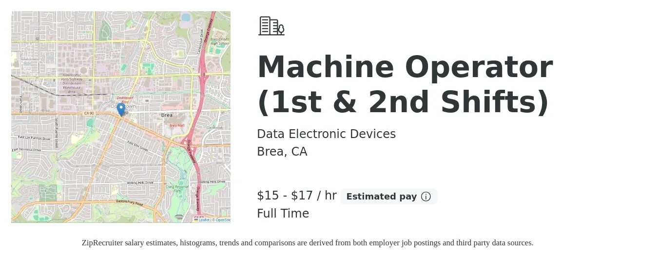 Data Electronic Devices job posting for a Machine Operator (1st & 2nd Shifts) in Brea, CA with a salary of $16 to $18 Hourly with a map of Brea location.