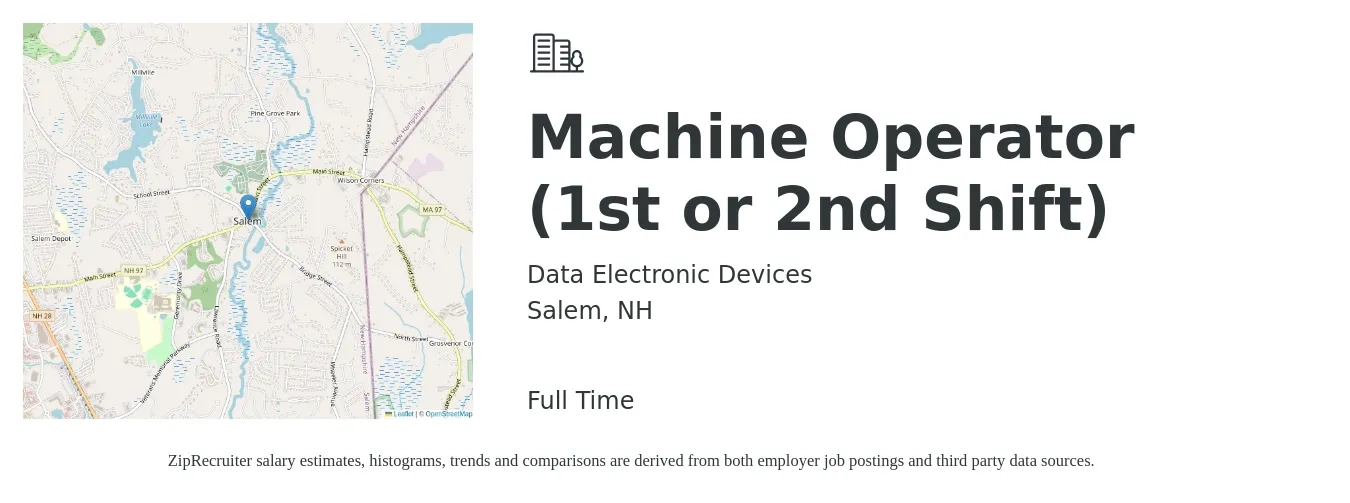 Data Electronic Devices job posting for a Machine Operator (1st or 2nd Shift) in Salem, NH with a salary of $17 to $20 Hourly with a map of Salem location.