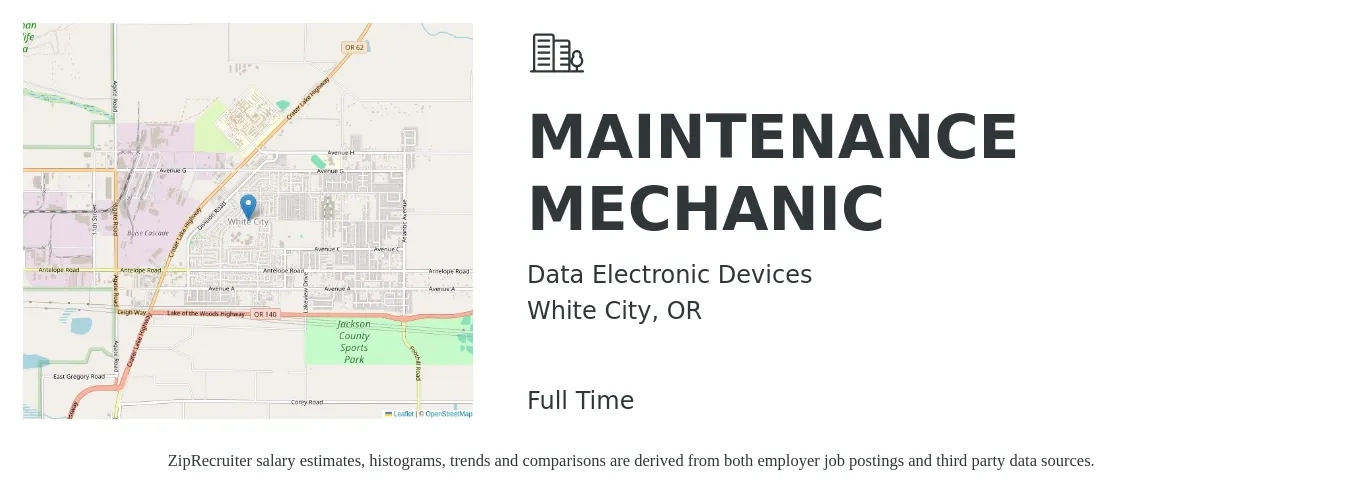 Data Electronic Devices job posting for a Maintenance Mechanic in White City, OR with a salary of $25 to $32 Hourly with a map of White City location.