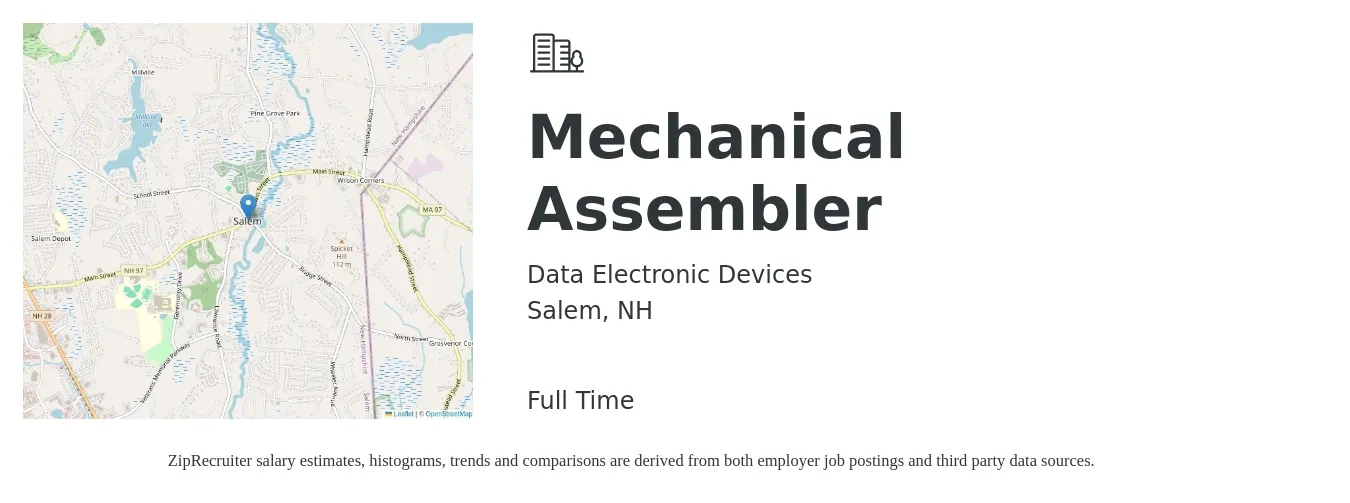 Data Electronic Devices job posting for a Mechanical Assembler in Salem, NH with a salary of $18 to $22 Hourly with a map of Salem location.
