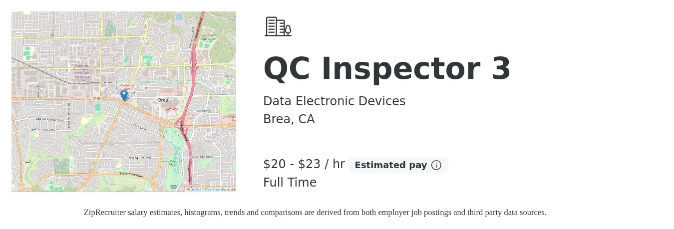 Data Electronic Devices job posting for a QC Inspector 3 in Brea, CA with a salary of $21 to $24 Hourly with a map of Brea location.