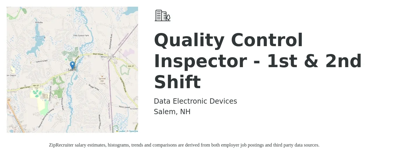 Data Electronic Devices job posting for a Quality Control Inspector - 1st & 2nd Shift in Salem, NH with a salary of $18 to $25 Hourly with a map of Salem location.